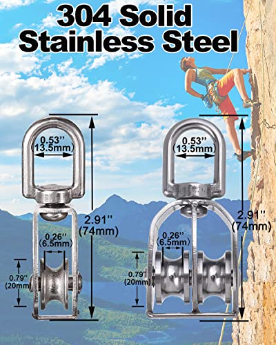 Rocaris 4 Pack M20 Pulley Block, 2 Pcs Single Pulley & 2 Pcs Double Pulley 304 Stainless Steel Wire Rope Lifting Swivel Hook - style: 2 Pack Single & 2 Pack Double