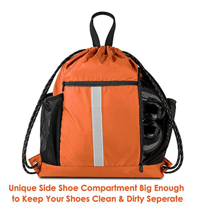 BeeGreen Orange Drawstring Backpack Bag Cinch Sack with Shoe Compartment and Two Side Mesh Pockets Lightweight Large Sturdy Drawstring Gym Sackpack For Unisex - color: Orange, style: Drawstring With Shoe Compartment