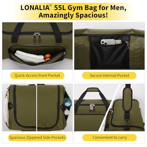 55L Large Sports Duffle Bag for Men, 22 Inch, Olive Green | Heavy Duty, Gym Duffel Bag, Multi Pockets, Spacious - color: Olive Green