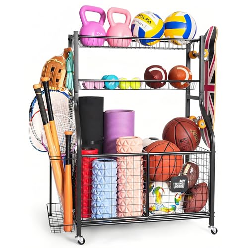 Mythinglogic Sports Equipment Garage Organizer,Garage Ball Storage for Sports Gear and Toys, Rolling Ball Cart with Wheels for Indoor/Outdoor Use - color: Black