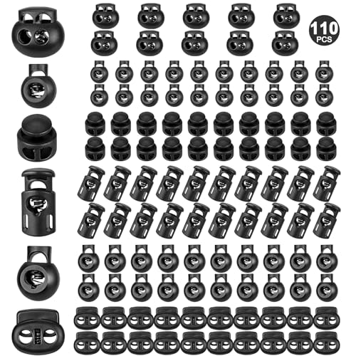ZUSHALLMY 110pcs Upgraded Plastic Cord Lock,Cord Locks for Drawstrings, Draw String Clip, Spring Toggle Stopper Fastener for Paracord, Clothing, Shoelaces and Bags(6 Sizes, Black) - color: 110 pcs Mixed Sizes,Black