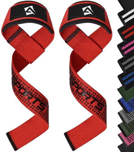 AQF Weight Lifting Straps, Padded Cotton Gym Wrist Straps for Deadlifts | 23" Extra-Long, Heavy-Duty Webbing, 5mm Neoprene Cushioning, Open-Loop Design, Sold as Pair, Ideal for Rows & Pull Workout - color: Red Gel Grip