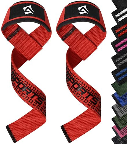 AQF Weight Lifting Straps, Padded Cotton Gym Wrist Straps for Deadlifts | 23" Extra-Long, Heavy-Duty Webbing, 5mm Neoprene Cushioning, Open-Loop Design, Sold as Pair, Ideal for Rows & Pull Workout - color: Red Gel Grip