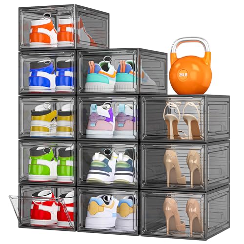 12 Pack Shoe Organizer, Stackable Shoe Storage Boxes with Magnetic Door | Clear Plastic Shoe Boxes for Sneakers, Boots & Heels, Foldable Space-Saving Shoe Rack for Closet, Durable Shoe Cabinet, Black - color: Black, size: 12 pcs