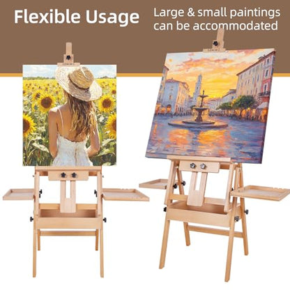 Horizontal Beechwood Studio Easel with Drawer and Palettes, Natural | H-Frame Solid Wooden Painting Easel for Students, Beginners, and Artists, Hold Canvas to 50Inches High - style: Horizontal Natural