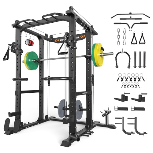 SPORTSROYALS Power Rack, Multi-Functional Power Cage, Squat Rack with Pulley System & LAT Pull Down, Workout Cage with J Hooks for Home Gym - color: Black, style: 140LB Colorful Package