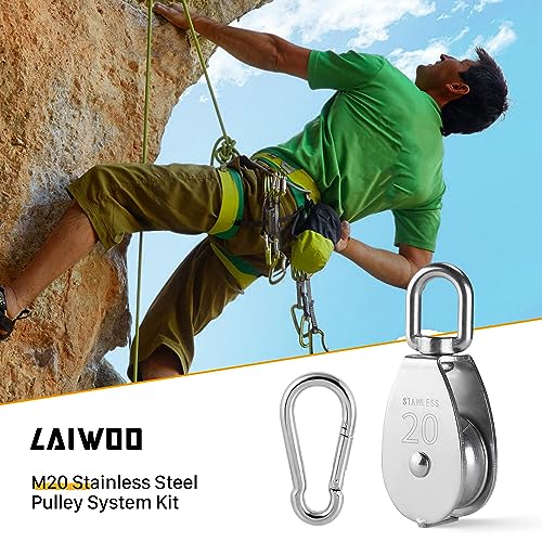 LAIWOO M20 Heavy Duty Stainless Steel Pulley Block, Rope and Hooks, 2 Pack | Includes eye pad plate and line cleat, corrosion resistant, for lifting, DIY and clothesline - size: M20