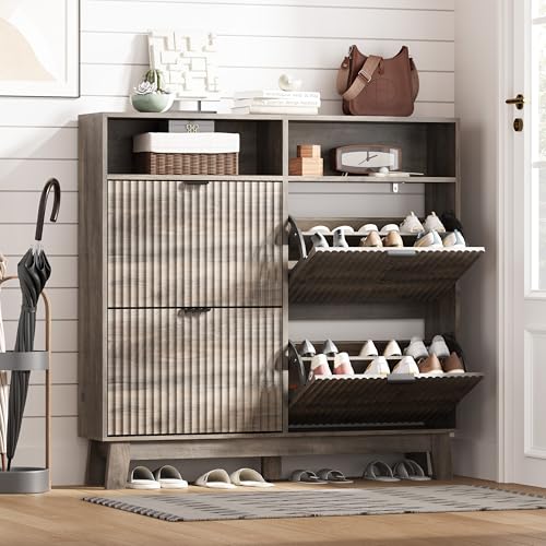 Shoe Cabinet Storage for Entryway with 4 Flip Drawers, Fluted Narrow Shoe Organizer with Wooden Legs & Top Cubby, Freestanding Slim Shoe Storage Hidden Shoe Rack for Front Door Entrance, Grey - color: Grey, size: 4 Drawer with Cubby