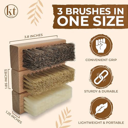 Small Shoe Cleaning Brush Set of 3 Brushes with Nylon, Boar and Horsehair Bristles, Wooden Sneaker Cleaner Brushes for Leather, Suede, Canvas, Textile, Bags and Accessories (3)