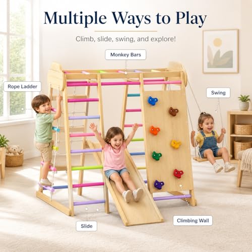 Indoor Playground Jungle Gym Playset, Wooden Pikler Montessori Climber with Slide, Swing, Rope Ladder, Monkey Bars, Climbing Net & Rock Wall, 9-in-1 Toddler Climbing Toy for Kids Indoor Playroom