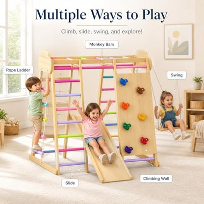 Indoor Playground Jungle Gym Playset, Wooden Pikler Montessori Climber with Slide, Swing, Rope Ladder, Monkey Bars, Climbing Net & Rock Wall, 9-in-1 Toddler Climbing Toy for Kids Indoor Playroom