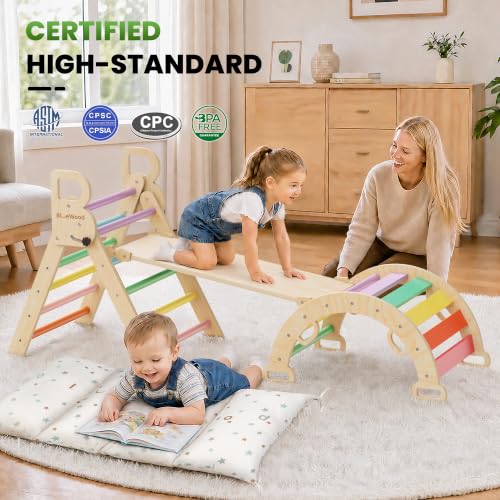 Pikler Triangle Set with Cushion, Wooden Climbing Toys for Toddler | Foldable 8-in-1 Montessori Philosophy Toddler Climbing Toys Indoor with Reversible Ramp, Arch and Ladder - Sunshine Rainbow - color: Sunshine Rainbow