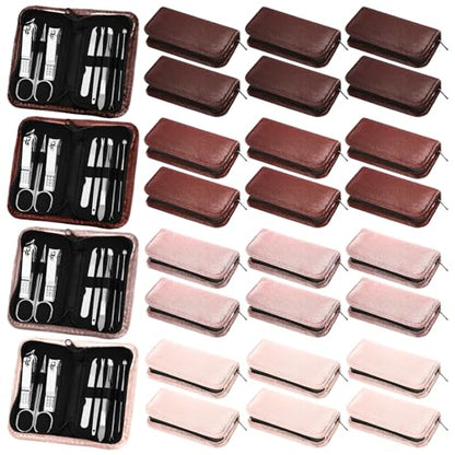 Coume 24 Sets Mini Manicure Set Bulk for Women Men Gifts for Coworkers Nail Grooming Kit 8 in 1 Nail Clippers Kit Luxurious Travel Case Stainless Steel Nails Clipper Set(Brown Series) - color: Brown Series