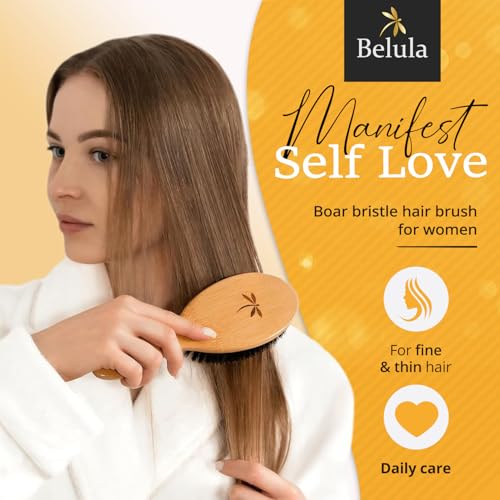 Belula 100% Boar Bristle Hair Brush Set (Medium). Soft Natural Bristles for Thin and Fine Hair. Restore Shine And Texture. Wooden Comb, Travel Bag and Spa Headband Included! - size: Medium