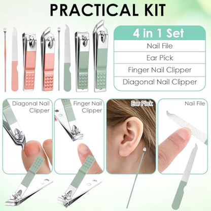 Lemecima 24 Sets Travel Manicure Kit, 4-in-1 Nail Clippers Bulk with PU Leather Case - 12 Pink & 12 Green Individually Wrapped Portable Nail Care Sets for Personal & Professional Use