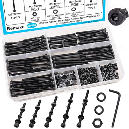 420PCS Black M3 Hex Socket Head Cap Screws, M3 x 30/35/40/45/50mm Metric Screws Bolts Nuts Washers Assortment Kit, 12.9 Grade Alloy Steel - size: M3 x 30/35/40/45/50mm, style: Socket Head