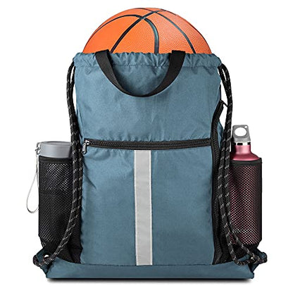 BeeGreen Blue Sport Cinch Bag String Backpack with Shoe Compartment and Two Side Mesh Pockets Machine Washable Sturdy Gymsack Drawstring Sackpack - color: Blue Haze, style: Drawstring With Shoe Compartment