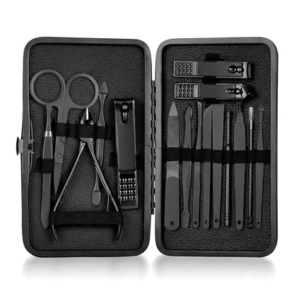 16 in 1 Manicure Pedicure Kit, Professional Nail Clipper Set, Stainless Steel Grooming Kit with Cuticle Tools, Portable Travel Nail Care Kit for Men Women, Black