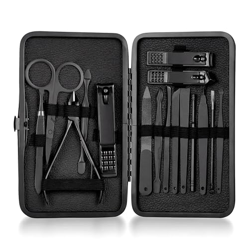 16 in 1 Manicure Pedicure Kit, Professional Nail Clipper Set, Stainless Steel Grooming Kit with Cuticle Tools, Portable Travel Nail Care Kit for Men Women, Black