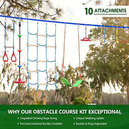 Ninja Obstacle Course for Kids Backyard - 10 Durable Obstacles and 60' Slackline - Outdoor Warrior Obstacle Playset Equipment with Gymnastic Ring, Rope Ladder, Ninja Wheel, Climbing Rope Swing