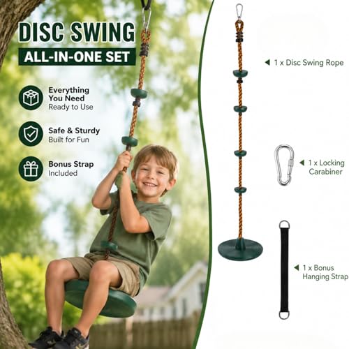 ZENFUN Climbing Rope with Platform and Disc, Tree Swing Seat Set Outdoor Playground Accessories Including Bonus Hanging Strap & Carabiner, Secure Trees House Swings, Gym Backyard, Max Load: 220lb