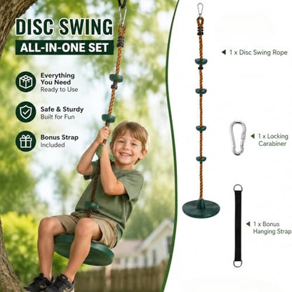 ZENFUN Climbing Rope with Platform and Disc, Tree Swing Seat Set Outdoor Playground Accessories Including Bonus Hanging Strap & Carabiner, Secure Trees House Swings, Gym Backyard, Max Load: 220lb