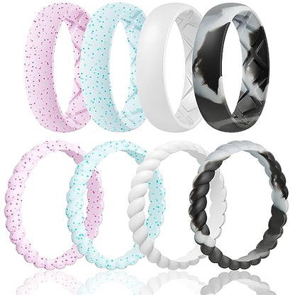 Egnaro Women's Stackable Silicone Rings, 2.5/5.5mm Wide 1.8/2mm Thick Bands | Comfort-Fit Rubber Bands Offer Breathable Flexibility for Nurses, Workouts, Pregnancy, Yoga, Travel, Office, and All-Day Wear - color: SETB5-Light Pink Sparkle, Light Green Spar