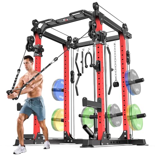 Power Rack Power Cage Multi-Function Squat Rack with Cable Crossover System Selectable More Training Attachment Power Rack for Garage & Home Gym - color: Red, size: A Set L02 Power Cage
