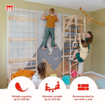 Wood And Hearts 8in1 Modular Swedish Wall Gym Set for Kids Indoor Active Play – Adjustable Pull-Up Bar, Rock Climbing Wall, Rope Accessories & Decorative Panels (Base Set+Rope Accessories+Sit-Up Bar) - style: Base Set + Rope Accessories + Sit-Up Bar