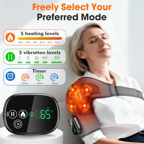 Shoulder Heating Pad with Massage, Cordless Heated Shoulder Brace Wrap Massager for Pain Relief Deep Tissue, Rotator Cuff Heating Pad, Gray
