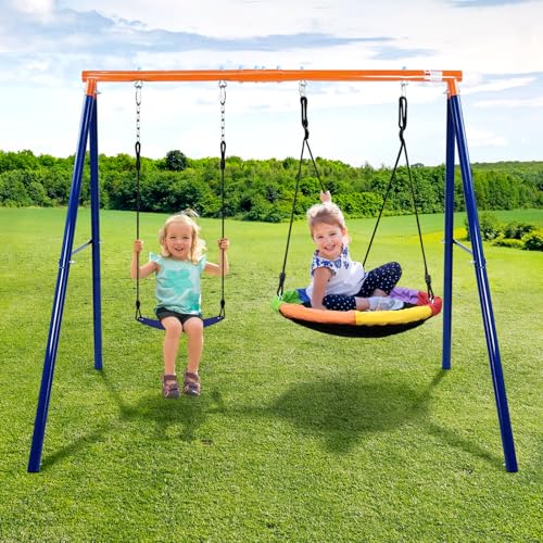 2 in 1 Swing Sets for Backyard, 440lbs Metal Stand with Saucer Swing | 32in Saucer & Belt Swing, A-Frame Steel, Ages 3-12, Adjustable Height, Ground Stakes, Outdoor Playground