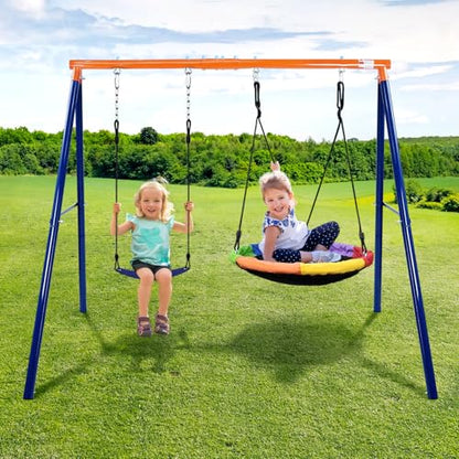 2 in 1 Swing Sets for Backyard, 440lbs Metal Stand with Saucer Swing | 32in Saucer & Belt Swing, A-Frame Steel, Ages 3-12, Adjustable Height, Ground Stakes, Outdoor Playground