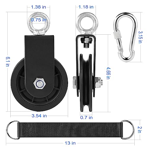 3.54 in Cable Pulley 360 Rotation Traction Wheel with Carabiner and Strap,Silence Smooth Detachable for DIY Gym Pulley System,DIY Gym Attachment Lifting Blocks,Ladder Lift,Hoists,Clothesline - color: 2 Pulley+2 Carabiner+2 Straps