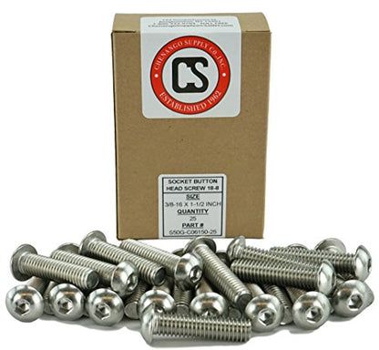 Stainless 3/8-16 x 1-1/2" (3/4" to 3" Available) Socket Button Head Cap Screws, Full Thread, Hex Drive, Stainless Steel 18-8, Coarse Thread (3/8-16 X 1-1/2) - size: 3/8-16 X 1-1/2