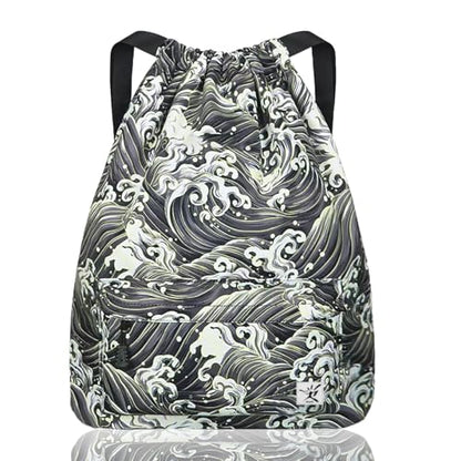 Waterproof Drawstring Bag, Gym Bag Sackpack Sports Beach Backpack for Men Women - color: 03-black Wave