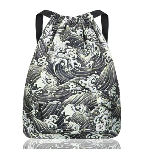 Waterproof Drawstring Bag, Gym Bag Sackpack Sports Beach Backpack for Men Women - color: 03-black Wave