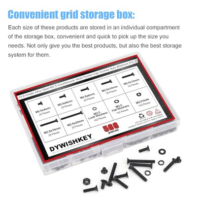 DYWISHKEY 566 Pieces M2.5 Black Screws, 10.9 Grade Alloy Steel M2.5X 4/6 /8/10 /12/16 /20mm Countersunk Head Socket Cap Screws Bolts Nuts Washers Assortment Kit - size: M2.5, style: Countersunk Head Socket Cap