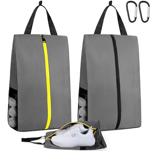 TOBWOLF Smell Proof Golf Shoe Bags, Cleat Bags Fit Up to Size 14, 2 Pack | Waterproof Protection, 2 Zippered Mesh Pockets for Golf Balls & Accessories Storage, Large Capacity for Travel and Gym Use - color: Grey-Yellow & Grey-Black