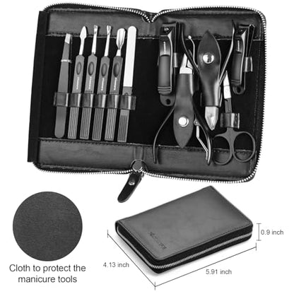 FAMILIFE Professional Manicure Set, Manicure Kit, Nail Clippers Set, 11 in 1 Stainless Steel Black Pedicure Tool, Nail Kit with Portable Leather Travel Case Luxury Gifts - color: Black-1