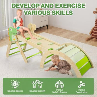 Pikler Triangle Set with Cushion, 7 in 1 Toddler Climbing Toys Indoor | Foldable Space-saving Design, Montessori-inspired Learning, Reversible Slide & Ramp, ASTM F963 Standards for Toddlers 18M-5Y - color: Dinosaur