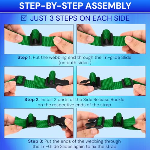 TECEUM 3/4" Nylon Strap Kit with Buckles, Green 6 yards Repair Set | Heavy duty hardware kit: 6yd webbing, 6 quick release buckles, 12 tri-glide slide clips, 6 metal D-rings for crafting. - color: Green, size: 3/4" - 6 yards, style: 6 Buckle - 12 Slides -