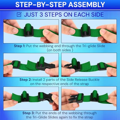 TECEUM 3/4" Nylon Strap Kit with Buckles, Green 6 yards Repair Set | Heavy duty hardware kit: 6yd webbing, 6 quick release buckles, 12 tri-glide slide clips, 6 metal D-rings for crafting. - color: Green, size: 3/4" - 6 yards, style: 6 Buckle - 12 Slides -
