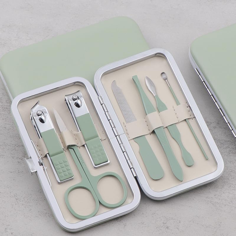 Handheld Sized Nail Clippers Set Tools, Manicure Set Professional Stainless Steel Travel Case 7 in 1 for Men Women(Green)
