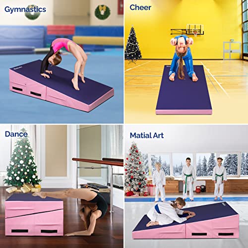 Matladin Folding Gymnastics Cheese Wedge Incline Mat, Gym Fitness Tumbling Skill Shape Mat for Kids Girls Home Training Exercise - color: Purple+Pink