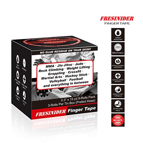 Finger Tape - Strong Athletic Tape | 0.3” x 45 Feet (9 Pack) Tin Set | No Sticky Residue | for Rock Climbing, BJJ Jiu Jitsu, Grappling, Judo, MMA, Rock Climbing and Martial Arts (Black) - color: Black
