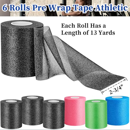 Pre Wrap for Hair Soccer- 6 Rolls 78yd (234'), Multi Color Athletic Prewrap Tape Headbands, Foam Sport Underwrap Pre-Wrap - Black, Pink, Blue, Green - style: Black, Pink, Blue, Green