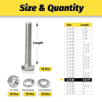 （15 Sets 1/4-20x3-3/4 Hex Bolt,Nut, Flat Washer & Split Lock Washer Assortment Kit,60Pcs 304 Stainless Steel SAE Fastener Set,Ideal for Mechanical Assembly, Equipment Repair and DIY Projects - size: 1/4-20x3-3/4" 15sets