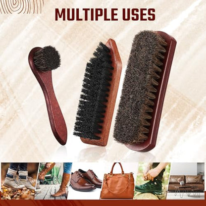 Vesici 3 Pcs Boot Brush Shoe Cleaning Horsehair Brush Wood Handled Shoe Cleaner Tool for Leather Care Dirt Scrubber Women Men Home Accessories