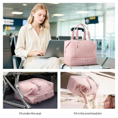Travel Duffle Bag for Women, 40L Weekender Bags Airline Approved Carry On with Shoe Compartment & Waterproof Wet Pocket, Durable Nylon Weekender Overnight Bag for Travel, Gym, Business Trip, Pink - color: Pink