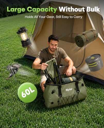 60L Waterproof Duffel Bag Motorcycle Dry Bag Backpack, Heavy-Duty Roll-Top Waterproof Bag with Sealed Seams & Waterproof Zipper for Riding, Kayaking, Camping & Travel (Green)